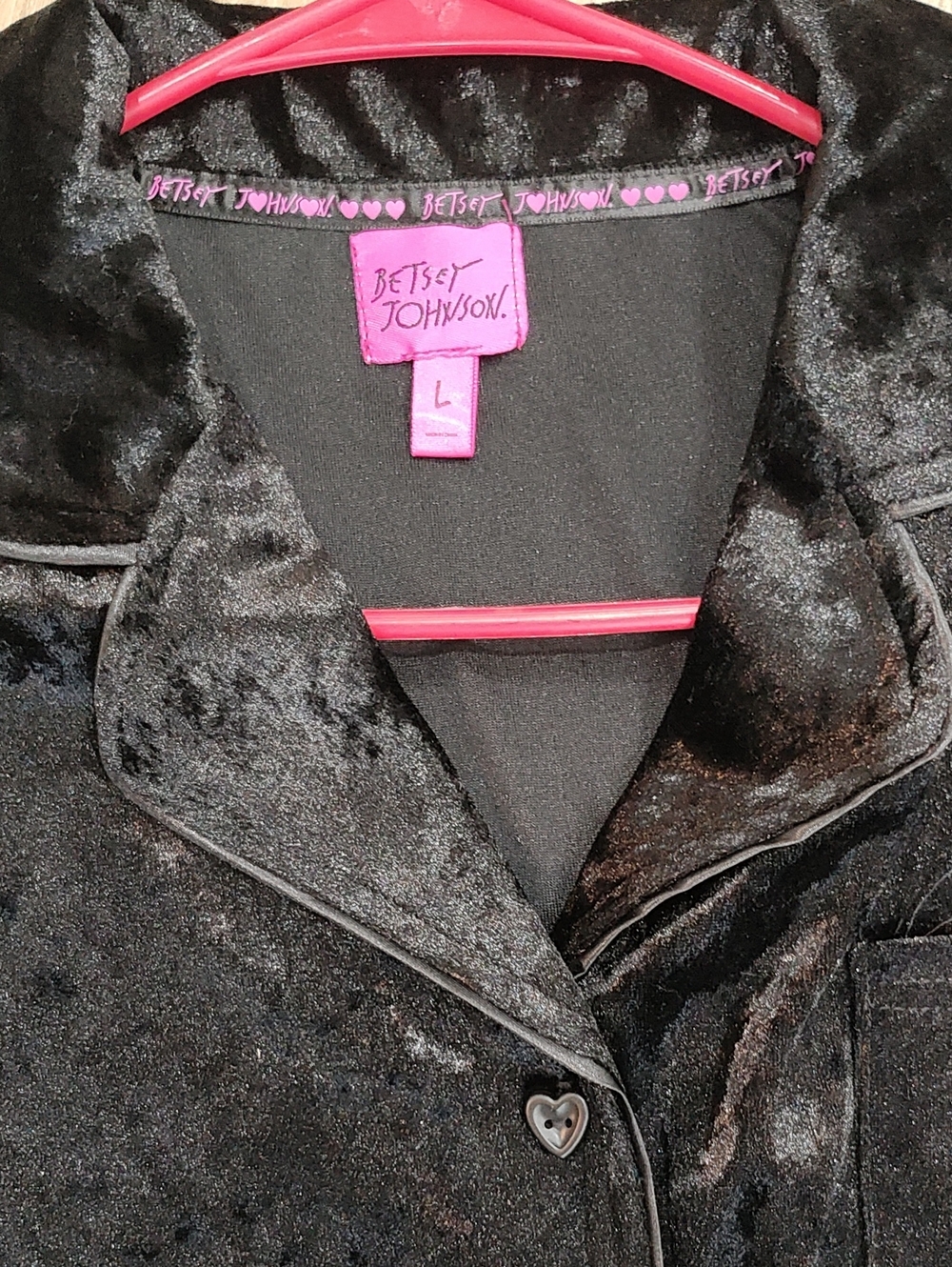 Betsey Johnson Black Velvet Teddy Jacket with Heart Button Pajama Set